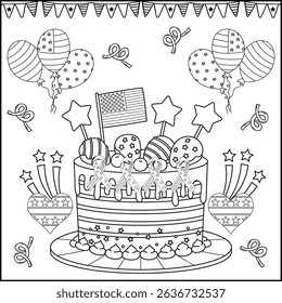 Printable coloring page 4th of July, Independence day United State of America. Coloring book activity. Outline vector illustration. Black and white line. flag, cake, balloons, stars. Coloring book