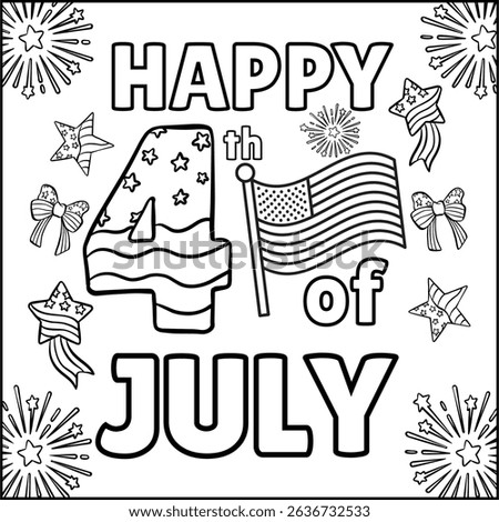 Printable coloring page 4th of July, Independence day United State of America. Coloring book activity. Outline vector illustration. Black and white line. Wavy flag, stars. Coloring book adult and kid
