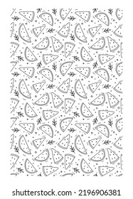 Printable coloring page for adult and childrens with outline slices of watermelon. Line art design for antistress colouring book. Hand drawn black and white food illustration in vector doodle style