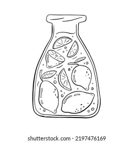 Printable coloring page for adult and childrens with outline jar and lemonade. Line art design for antistress colouring book. Hand drawn black and white illustration in vector doodle style