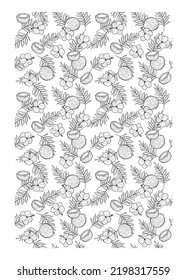 Printable coloring page for adult with outline coconuts, flowers and leaves. Line art design for antistress colouring book. Hand drawn black and white food illustration in vector sketch style