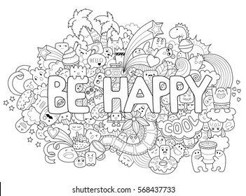 Printable coloring page for adults with cartoon characters. Hand drawn vector illustration. Freehand sketch for adult anti stress coloring book page. Hand lettering. 