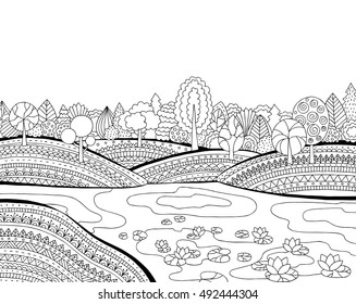 printable coloring page adults landscape lake stock vector royalty free 492444304 shutterstock