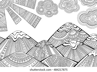 Printable coloring page for adults with mountain landscape. Hand drawn vector illustration