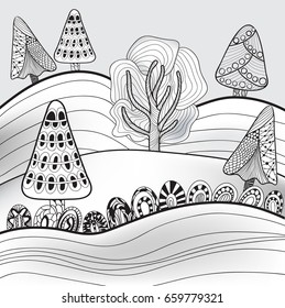 Printable coloring page for adults with mountain landscape, forest, trees, clouds. Hand drawn illustration. Freehand sketch for adult anti stress coloring book page with doodle and zentangle elements.