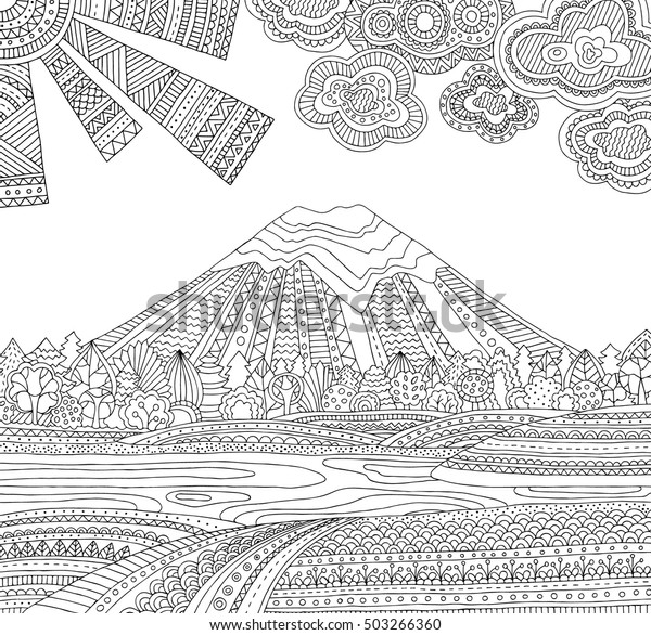 Download Printable Coloring Page Adults Mountain Landscape Stock Vector (Royalty Free) 503266360