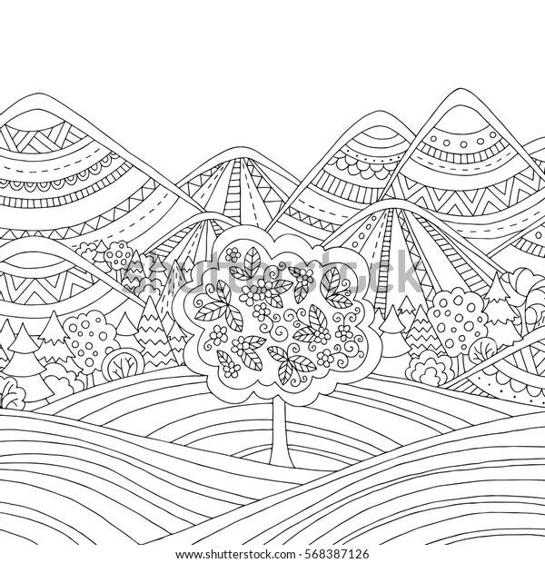 Printable Coloring Page Adults Mountain Landscape Stock Vector Royalty Free 568387126