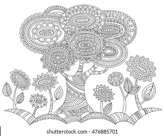 Printable coloring page for adults with tree and flowers. Hand drawn vector illustration