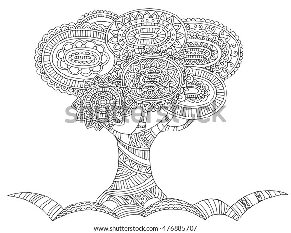 Printable Coloring Page Adults Tree Flowers Stock Vector Royalty Free 476885707