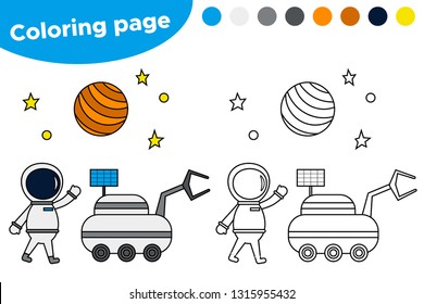 Printable coloring page with astronaut and moon loader. Educational game for preschool kids. Space day. Vector illustration.