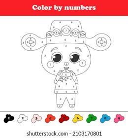 Printable coloring page by numbers for kids with cute rabbit in chinese traditional costume holding ancient coins, happy new year worksheet in cartoon style