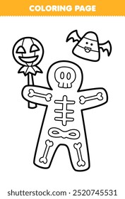 Druckbare Malvorlage von Cartoon Skelett Lebkuchen und Mais Süßigkeiten Linie Kunst Halloween Arbeitsblatt
