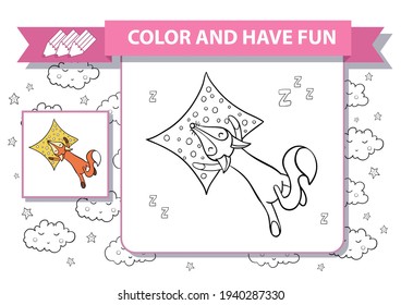 Printable coloring page. Cute cartoon sleeping fox and pillow. Vector illustration. Background with clouds and stars. Pink ribbon