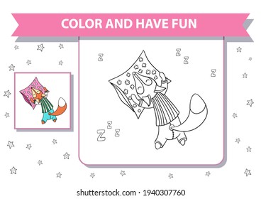 Printable coloring page. Cute cartoon sleeping fox in pajama and pillow. Vector illustration. Background with clouds and stars. Pink ribbon