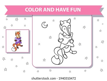 Printable coloring page. Cute cartoon fox and pillow. Vector illustration. Background with clouds and stars. Pink ribbon