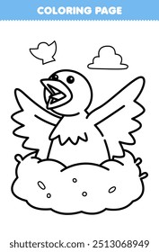 Printable coloring page of cute cartoon bird in the nest line art animal worksheet