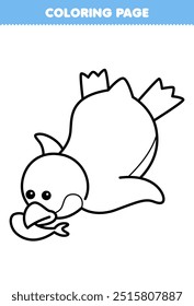 Printable coloring page of cute cartoon penguin catching fish line art animal worksheet