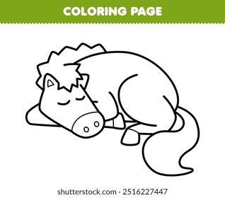 Printable coloring page of cute cartoon sleeping horse line art animal worksheet