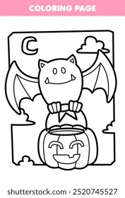 Printable coloring page of cute cartoon bat carrying a pumpkin basket line art halloween worksheet