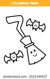 Printable coloring page of cute cartoon bats and flying broomstick line art halloween worksheet