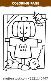 Printable coloring page of cute cartoon pumpkin headed scarecrow line art halloween worksheet