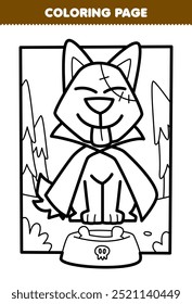 Página de coloração imprimível de cachorro zumbi bonito de desenho animado usando uma capa linha arte halloween planilha