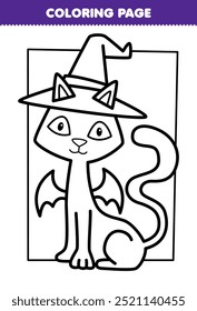 Printable coloring page of cute cartoon cat wearing wizard hat line art halloween worksheet