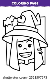 Printable coloring page of cute cartoon happy witch girl portrait line art halloween worksheet