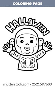 Printable coloring page of cute cartoon happy skeleton boy line art halloween worksheet