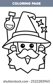 Printable coloring page of cute cartoon wizard portrait line art halloween worksheet