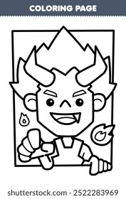 Printable coloring page of cute cartoon horned boy costume portrait line art halloween worksheet
