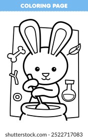 Printable coloring page of cute cartoon rabbit makes magic potion line art halloween worksheet