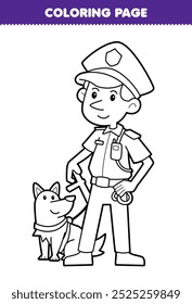 Página para colorear imprimible de linda policía de dibujos animados con perros rastreadores línea arte profesión hoja de trabajo
