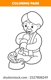 Printable coloring page of cute cartoon snake charmer line art profession worksheet