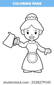 Printable coloring page of cute cartoon maid brings a teapot line art profession worksheet