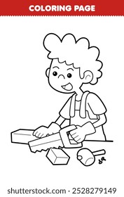 Printable coloring page of cute cartoon young boy carpenter line art profession worksheet