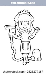 Printable coloring page of cute cartoon maid carrying vacuum cleaner line art profession worksheet