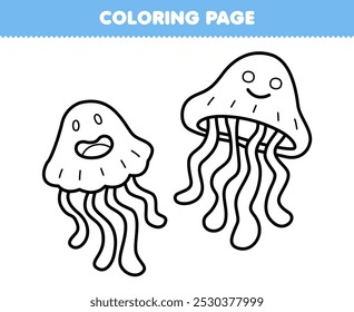 Printable coloring page of cute cartoon jellyfish couple line art underwater worksheet