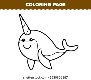 Página de coloração imprimível de desenhos animados bonitos narwhal linha arte subaquática planilha