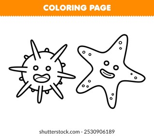 Imprimible página para colorear de dibujos animados lindo erizo y estrella de mar línea arte bajo el agua hoja de cálculo