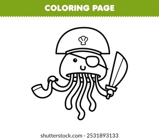 Printable coloring page of cute cartoon eye patch jellyfish pirate line art underwater worksheet