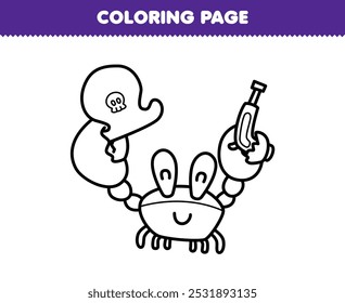Página de coloração imprimível de bonitinho caranguejo caranguejo carregando chapéu e arma linha arte subaquática planilha