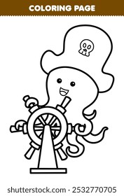 Página para colorear imprimible del pulpo lindo de la historieta que sostiene la hoja de trabajo submarina del arte de la línea de la rueda