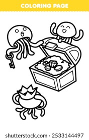 Printable coloring page of cute cartoon jellyfish opens treasure chest line art underwater worksheet