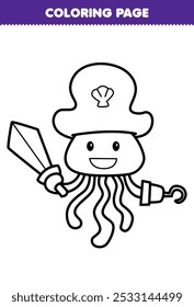 Printable coloring page of cute cartoon pirate jellyfish line art underwater worksheet