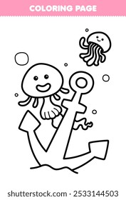 Printable coloring page of cute cartoon jellyfish and anchor line art underwater worksheet