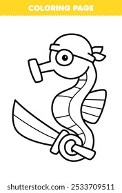 Printable coloring page of cute cartoon seahorse carrying sword line art underwater worksheet