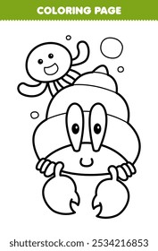 Printable coloring page of cute cartoon hermit crab and jellyfish line art underwater worksheet