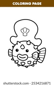 Printable coloring page of cute cartoon puffer fish wearing a hat line art underwater worksheet