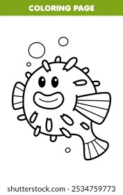 Printable coloring page of cute cartoon puffer fish line art underwater worksheet